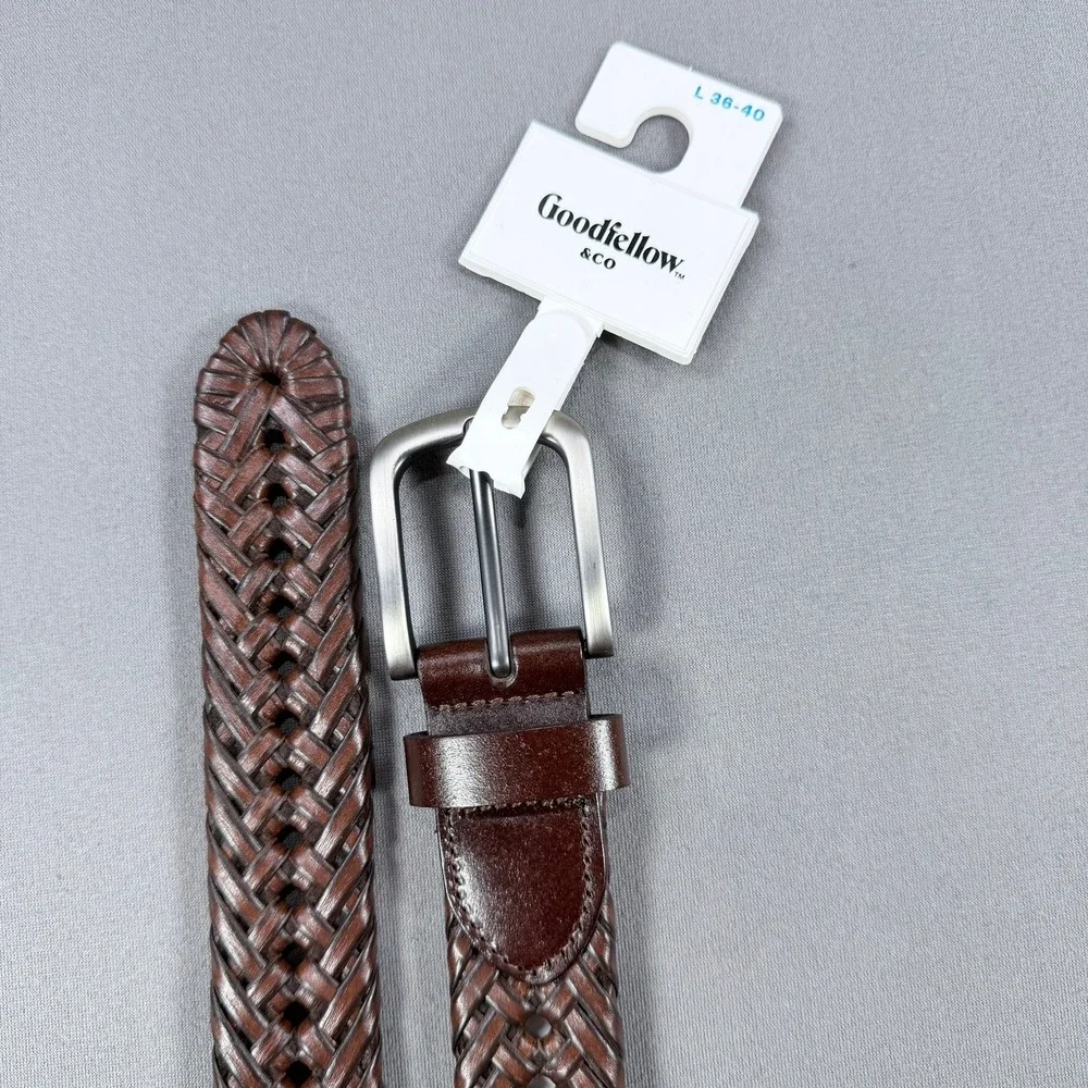 Goodfellow Mens L Brown Faux Leather Braided Woven Belt Silver Buckle 36-40‎ NEW